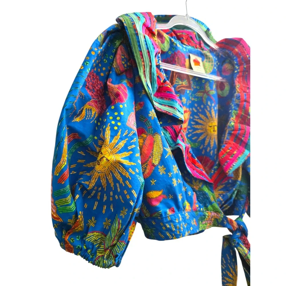 Farm Rio Blue Ocean Stories Wrap Vibrant Tropical Print Puff Sleeve Crop Top